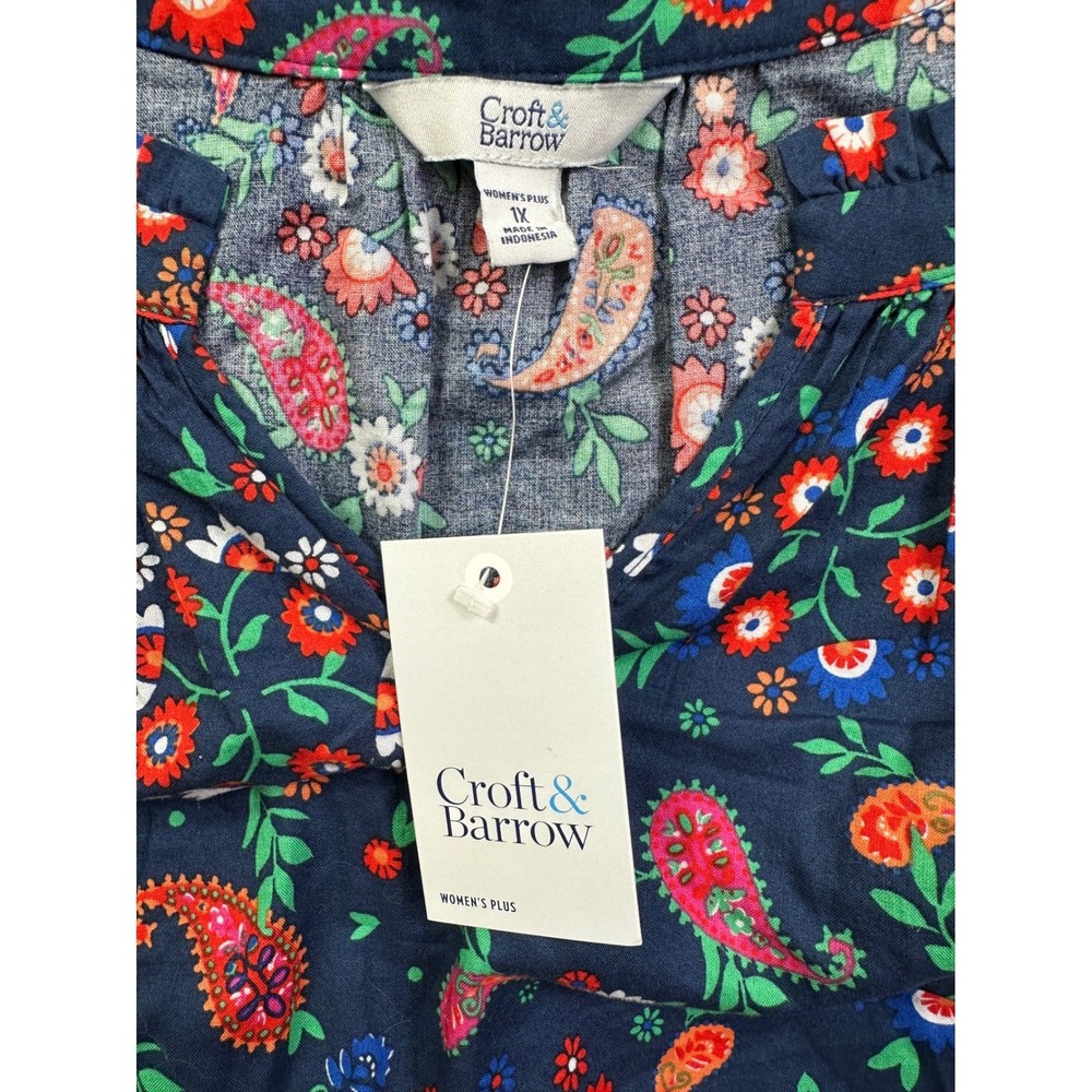 Croft & Barrow Women's Plus 1X Navy Blue Floral Paisley Split Neck Blouse NWT